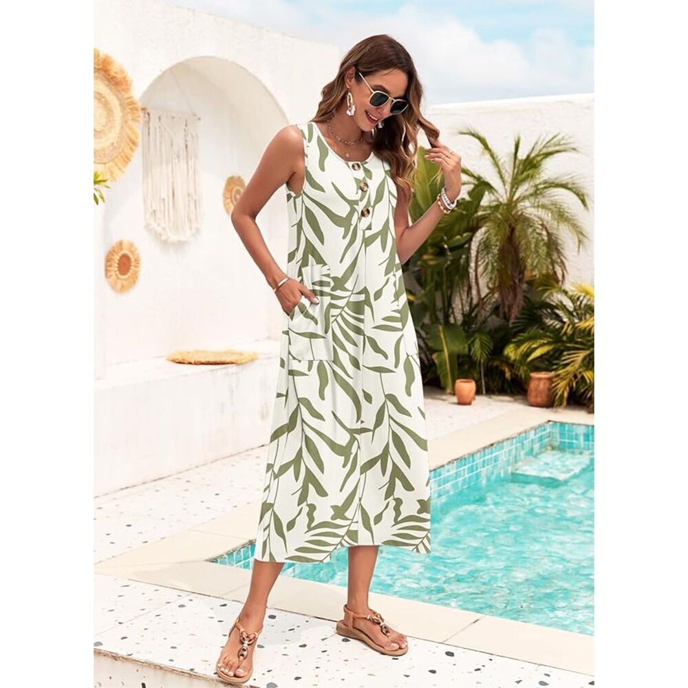 Maxi sundress, beige with olive leaf. EUC XL